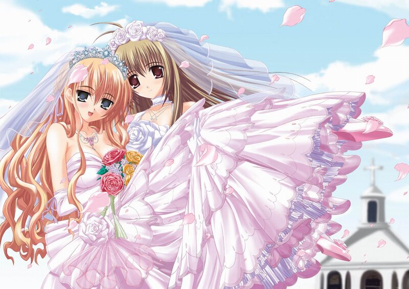 Two Women in Wedding Dresses — Pink, Joyful