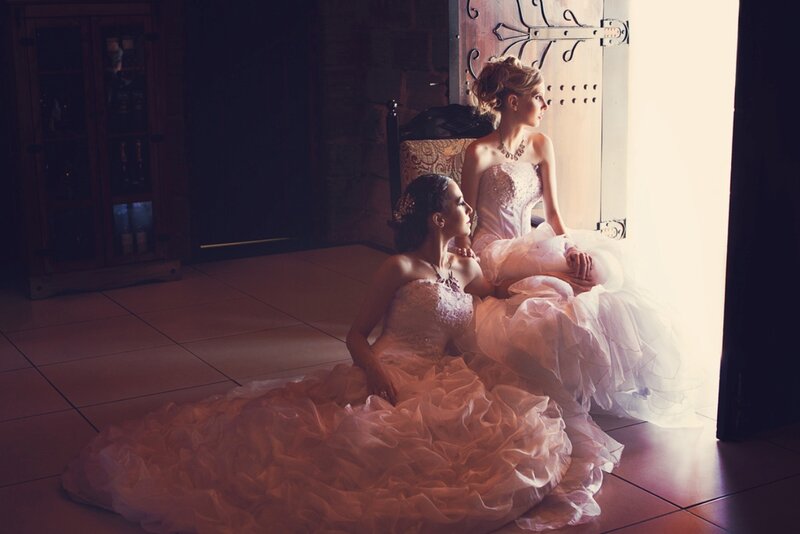 Two Women in Wedding Dresses — White, Dramatic, Photograph
