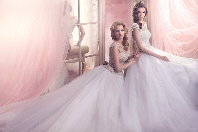 Two Women in Wedding Dresses — White, Elegant, Photograph, Mirror