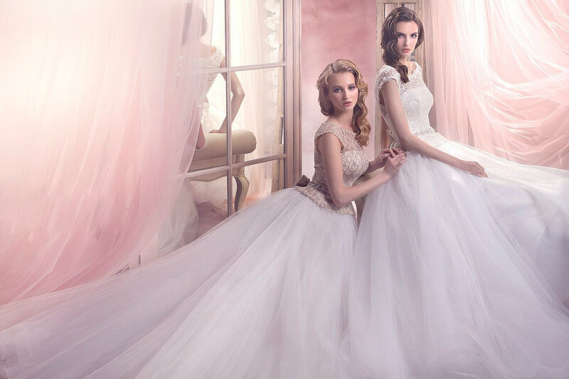 Two Women in Wedding Dresses — White, Elegant