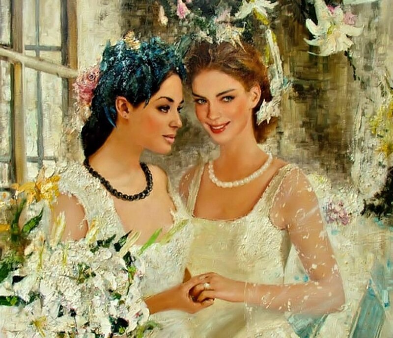 Two Women in Wedding Dresses — White, Romantic, Painting