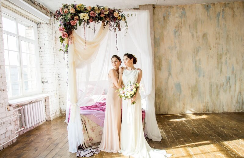Two Women in Wedding Dresses — White, Serene, Afternoon, Photograph