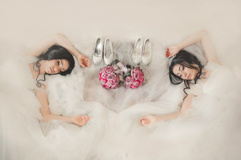 Two Women in Wedding Dresses — White, Serene, Photograph