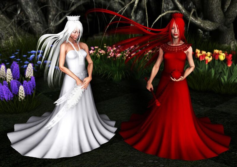 Two women in white and red gowns