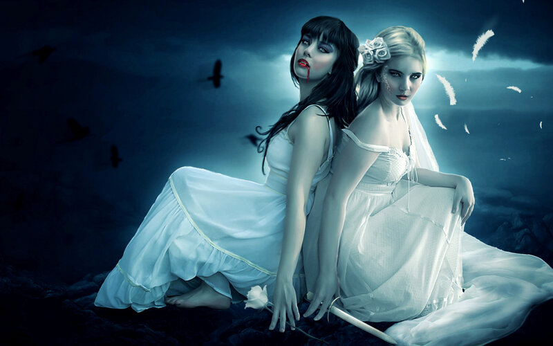 Two Women in White Dresses — Blue, Dramatic, Night