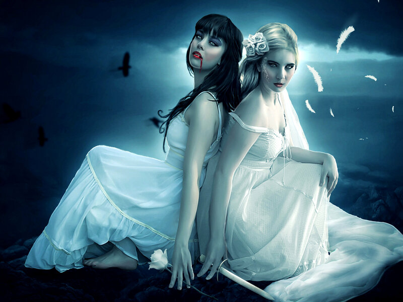 Two Women in White Dresses — Blue, Dramatic