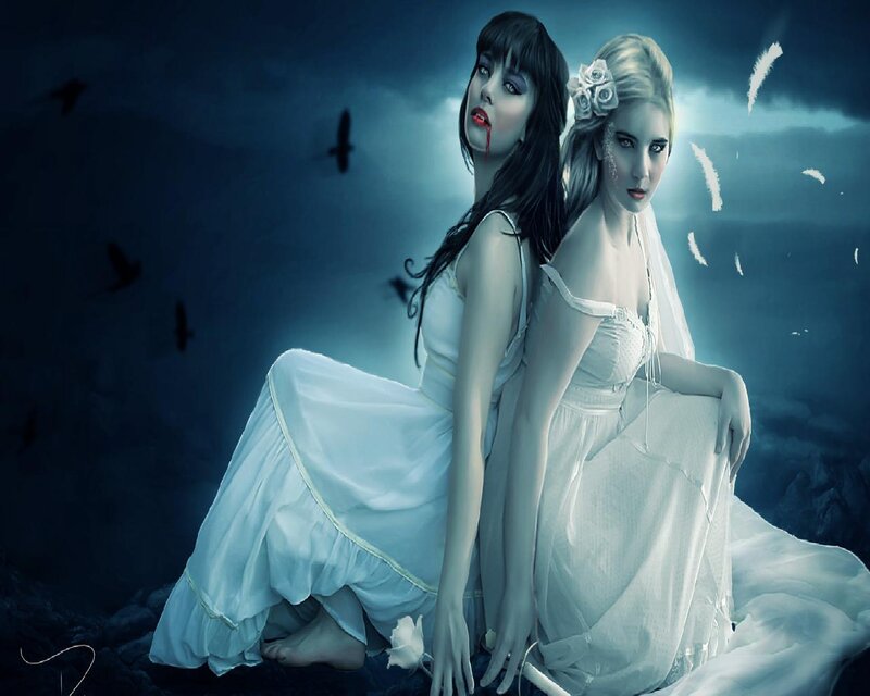 Two Women in White Dresses — Blue