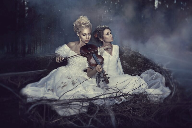 Two Women in White Dresses — Dramatic, Night, Photograph, Violin