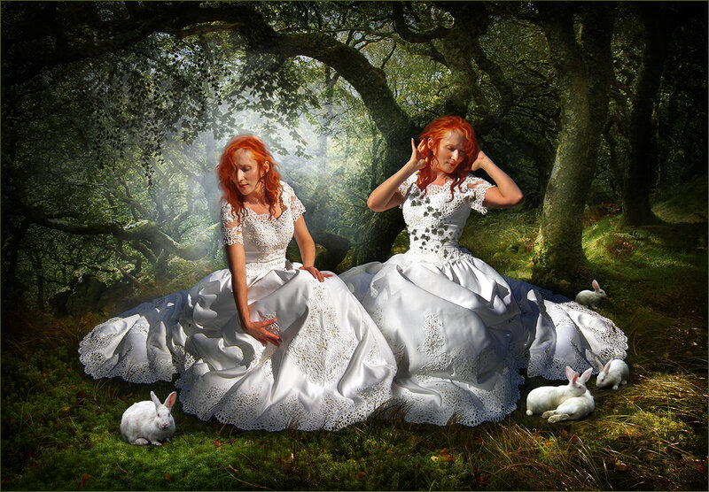 Two Women in White Dresses — Serene, Afternoon, Digital Art