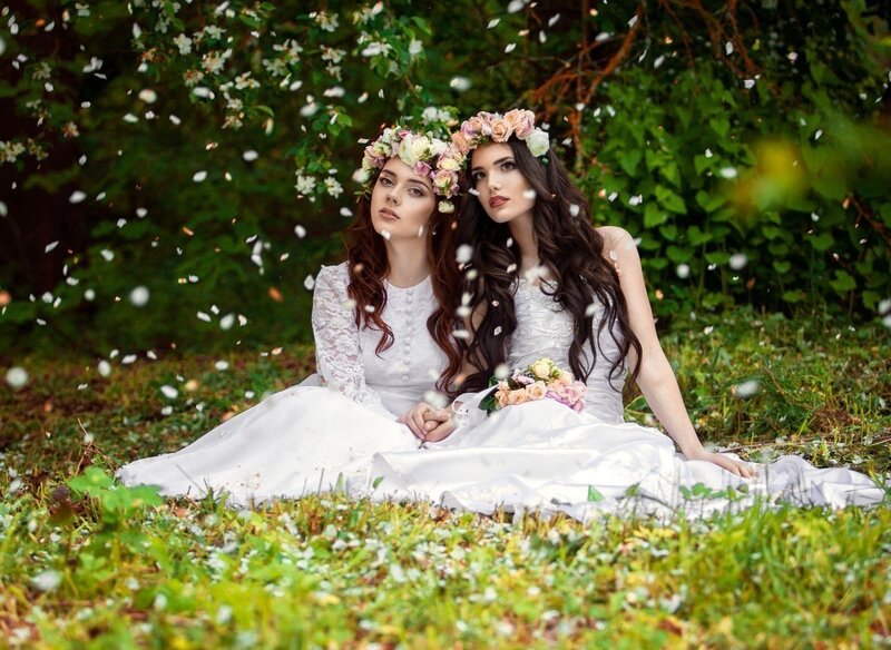 Two Women in White Dresses — Serene, Spring, Photograph, Flower Crowns