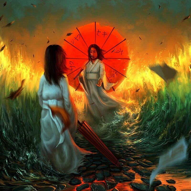 Two Women in White Robes — Red