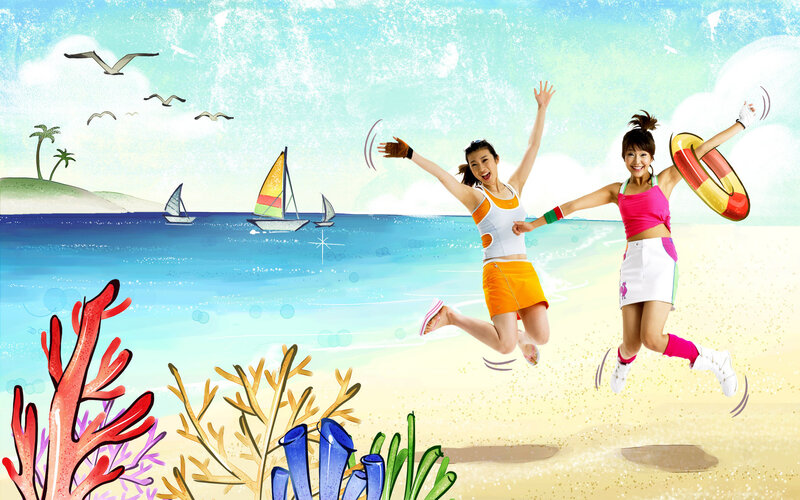 Two Women Jumping on Beach