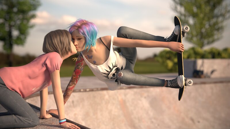Two Women Kissing on Skateboard