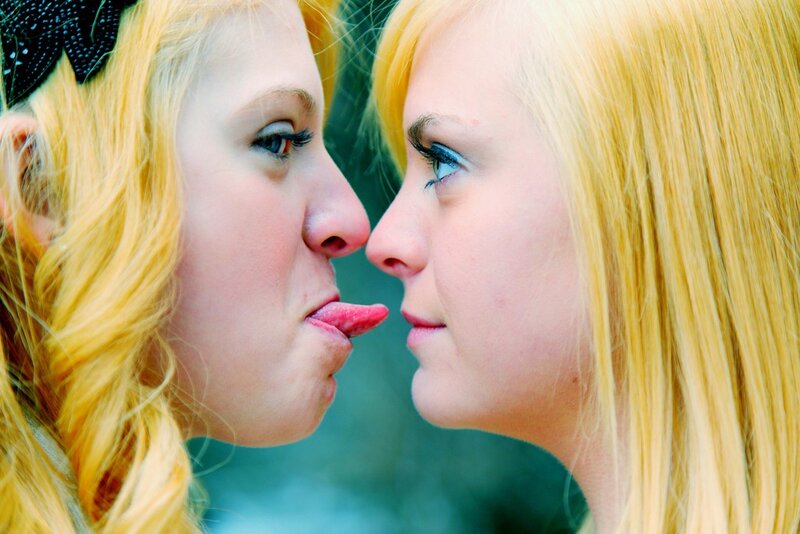 Two women making faces