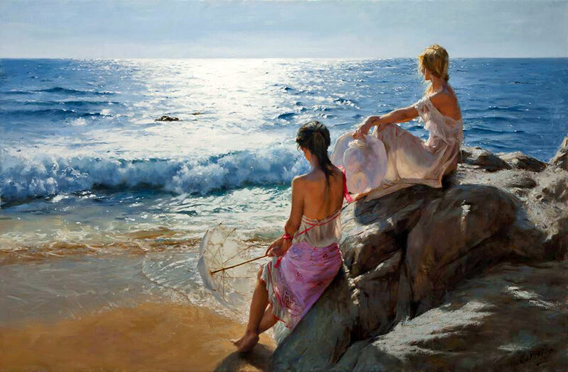 Two Women on a Beach — Blue, Serene