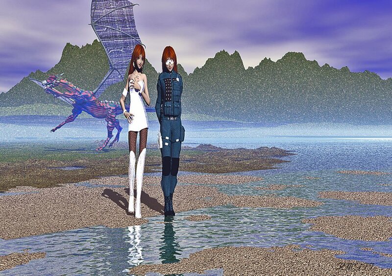 Two women on a beach with a dragon