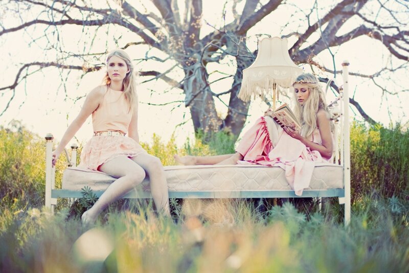 Two Women on a Bed — Pink, Serene, Afternoon