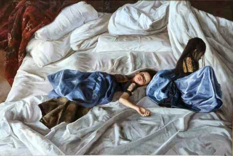 Two Women on a Bed — White, Calm