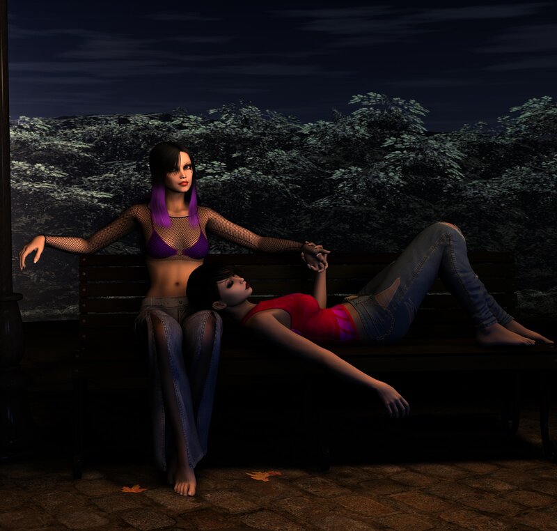 Two Women on a Bench — Purple