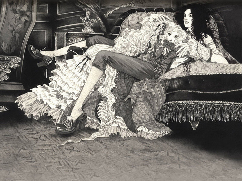 Two Women on a Couch — Black, Dramatic, Illustration