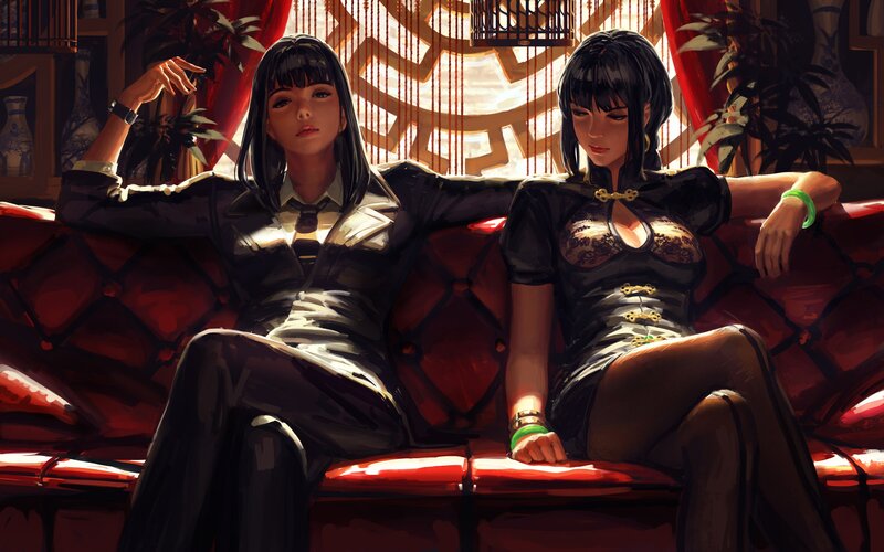 Two Women on a Couch — Red, Dramatic, Afternoon