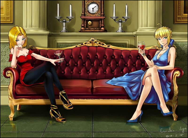 Two Women on a Couch — Red, Elegant