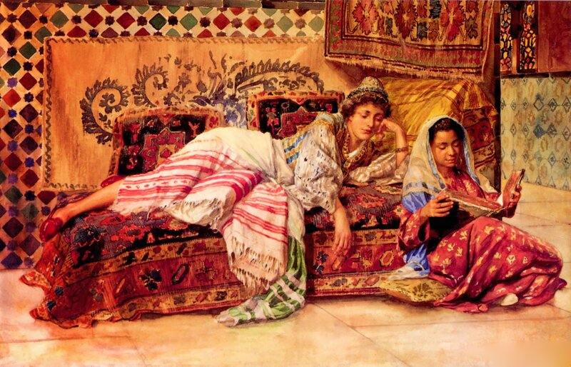 Two Women on a Couch — Red, Serene, Painting