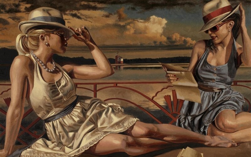 Two Women on a Deck — Beige
