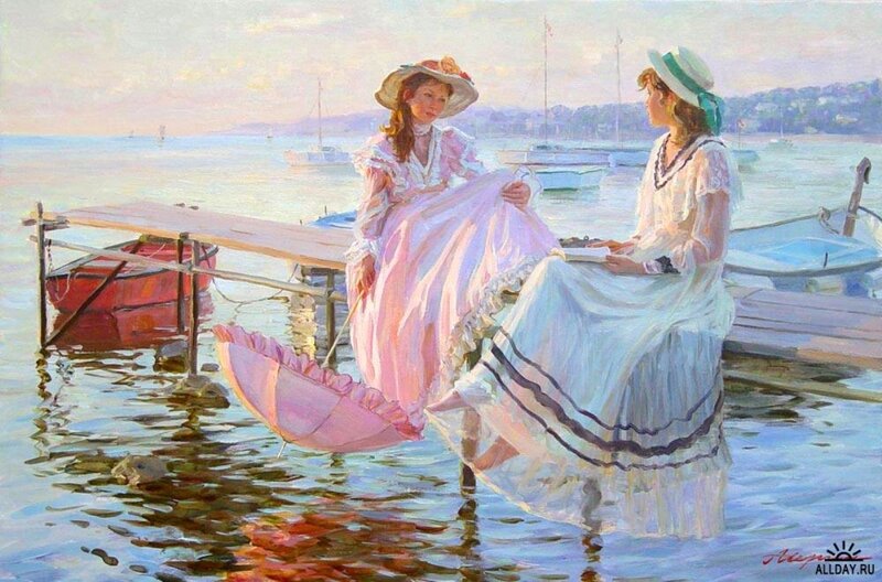 Two Women on a Dock — Blue, Serene