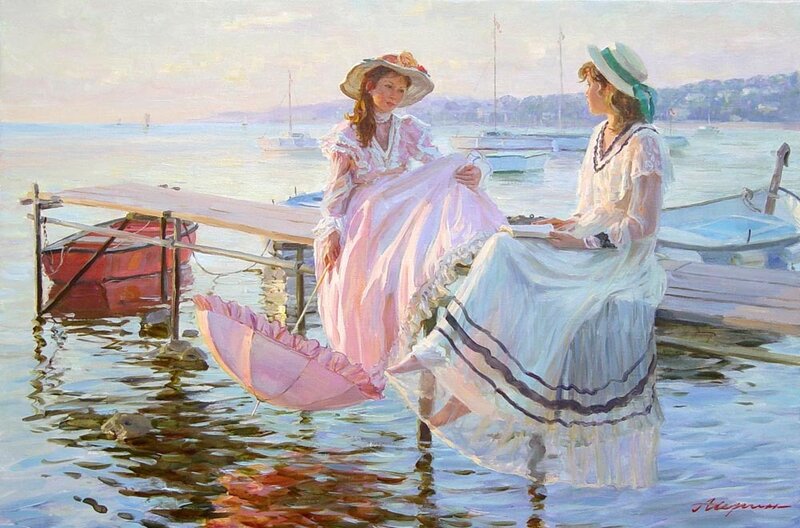 Two Women on a Dock — Pink