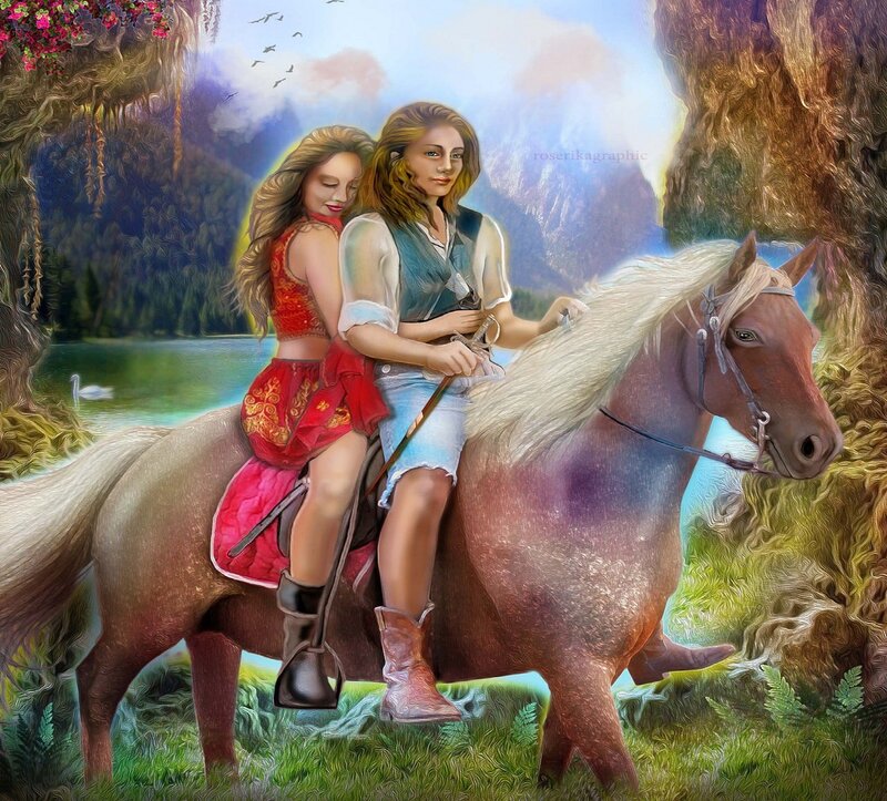 Two Women on a Horse — Green