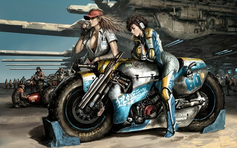 Two Women on a Motorcycle — Blue, Dramatic, Afternoon, Digital Art, Soldiers