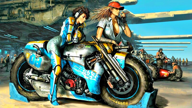 Two Women on a Motorcycle — Blue, Dramatic, Afternoon, Digital Art