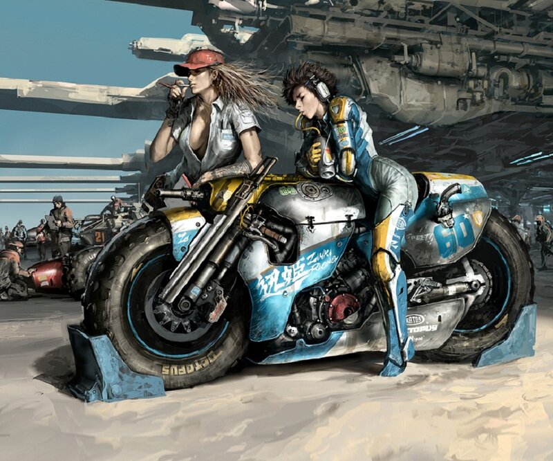 Two Women on a Motorcycle — Blue, Dramatic