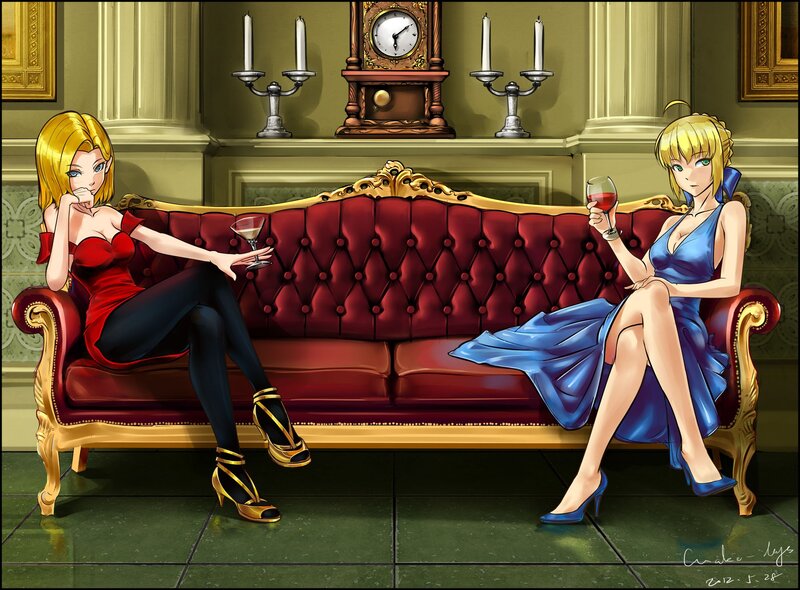 Two women on a red couch