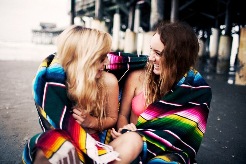 Two Women on Beach — Green, Relaxed, Afternoon, Photograph, Blanket