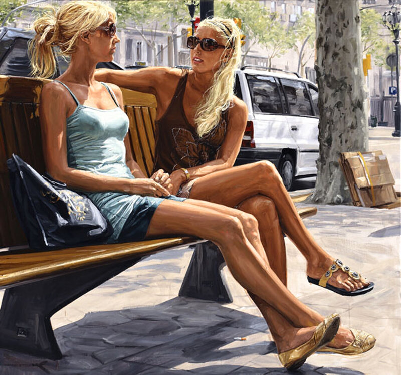 Two Women on Bench — Brown