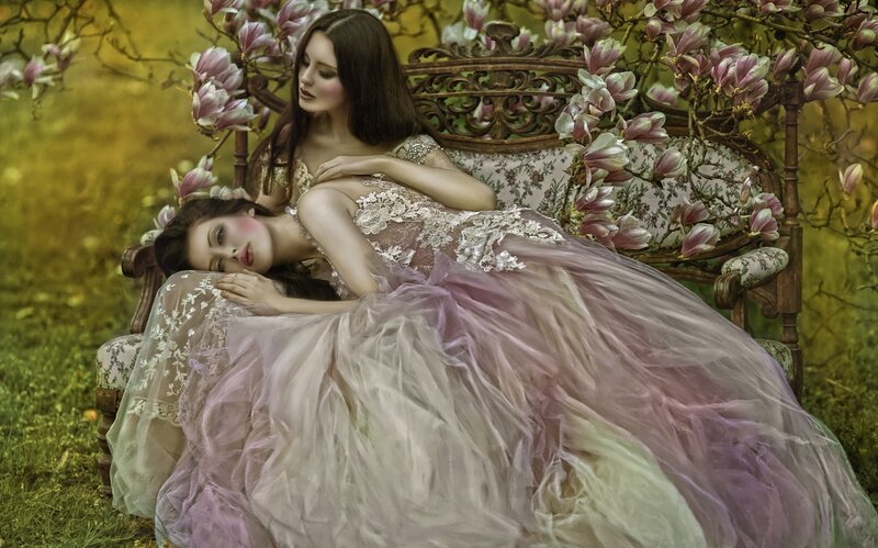 Two Women on Bench — Pink, Serene