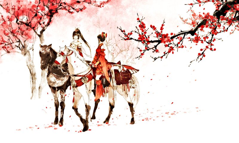 Two Women on Horses — Red, Serene