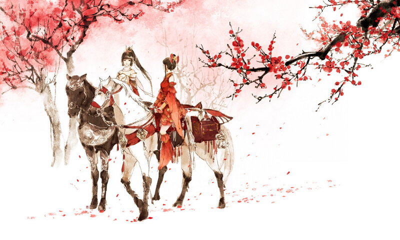 Two Women on Horses — Red
