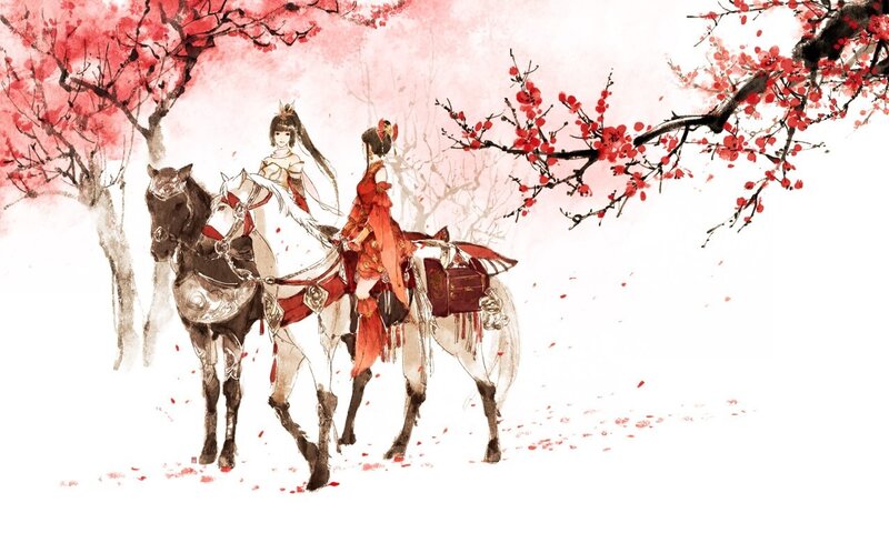 Two women on horses under blossoms