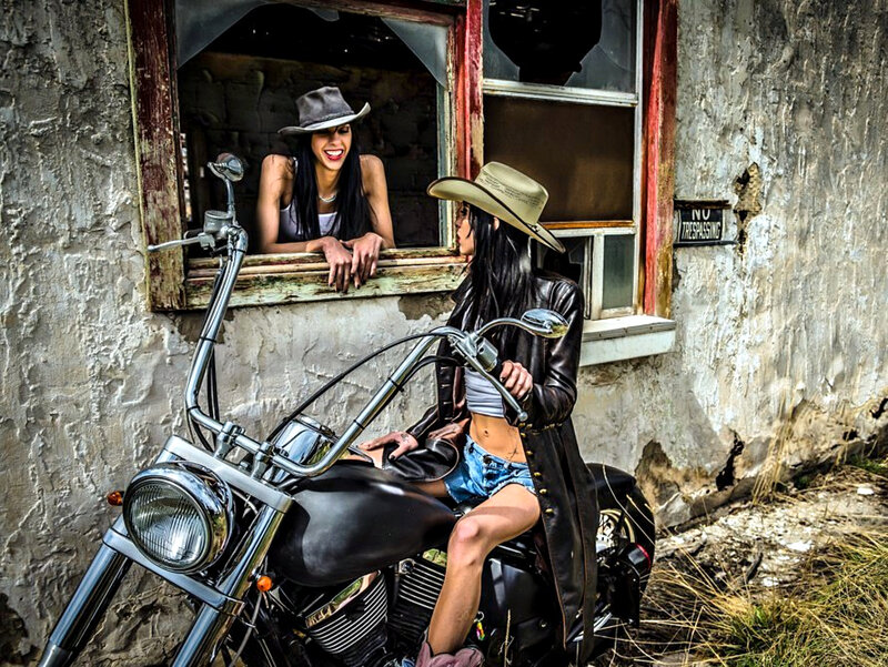 Two Women on Motorcycle — Black, Dramatic, Afternoon