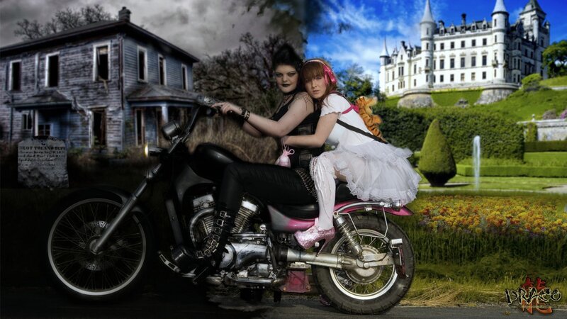 Two Women on Motorcycle — Black, Dramatic