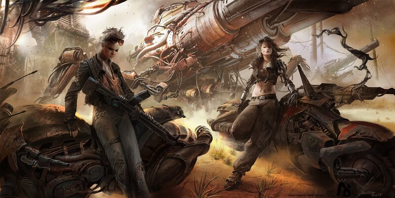 Two Women on Motorcycles — Brown