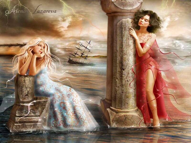 Two Women on Pillars