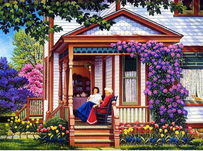 Two Women on Porch — Purple, Serene, Spring