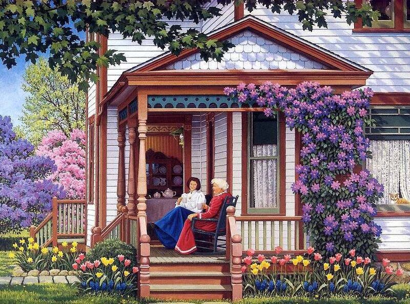 Two Women on Porch — Purple