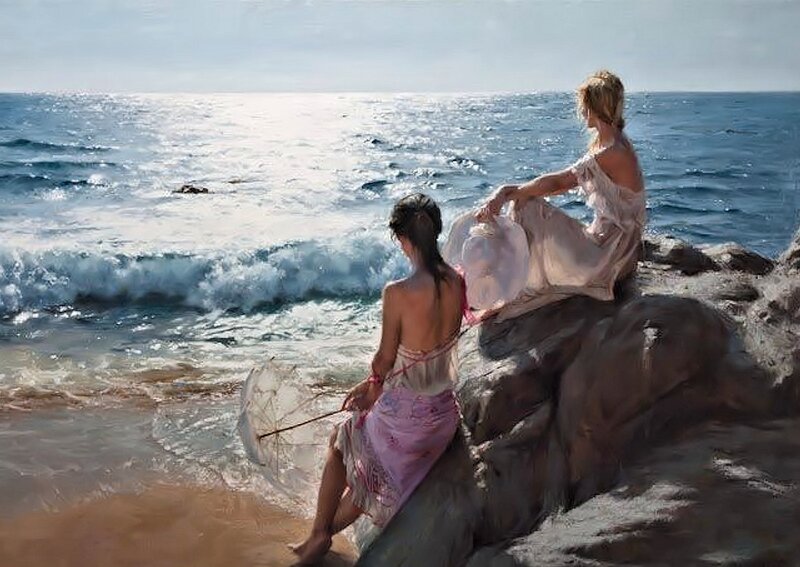Two Women on Rocks — Blue, Serene
