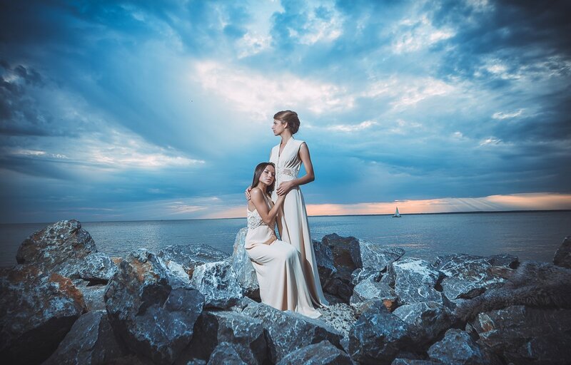 Two Women on Rocks — Blue