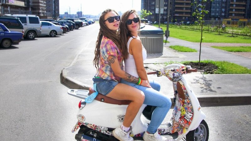 Two Women on Scooter — White, Casual